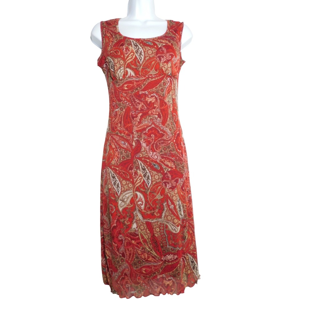 Heart Soul Midi Dress Women Medium Red Paisley Empire Waist Lettuce Hem USA